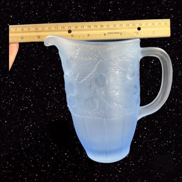 Vintage Light Blue Satin Frosted Glass Raised Cherries Leaves Carafe Pitcher Jug - Picture 2 of 12